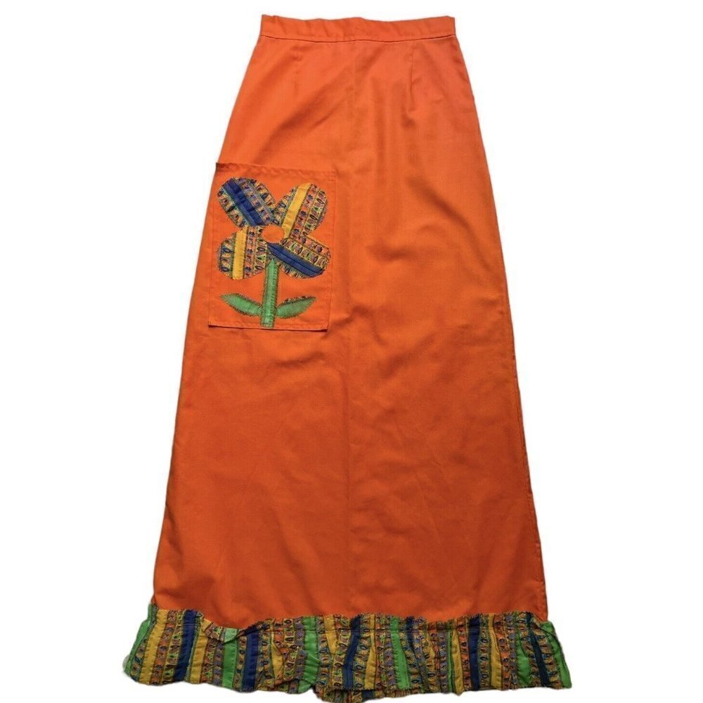 Vtg 60s Handmade Floor Length Flower Power Hippy Boho Orange Maxi Skirt Women’s